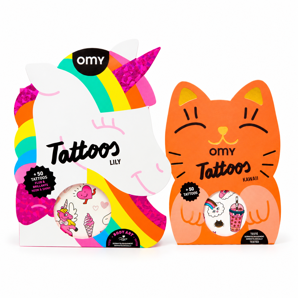Coffrets de tatouages éphémères OMY : Tattoos Lily licorne arc-en-ciel et Tattoos Kawaii chat orange, +50 tattoos chacun