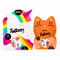 Coffrets de tatouages éphémères OMY : Tattoos Lily licorne arc-en-ciel et Tattoos Kawaii chat orange, +50 tattoos chacun