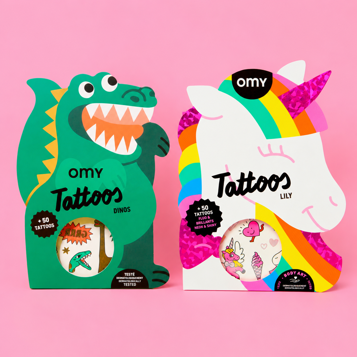Tattoo Duo OMY : coffrets de tatouages temporaires Dinos (dinosaure vert) et Lily (licorne arc-en-ciel) sur fond rose