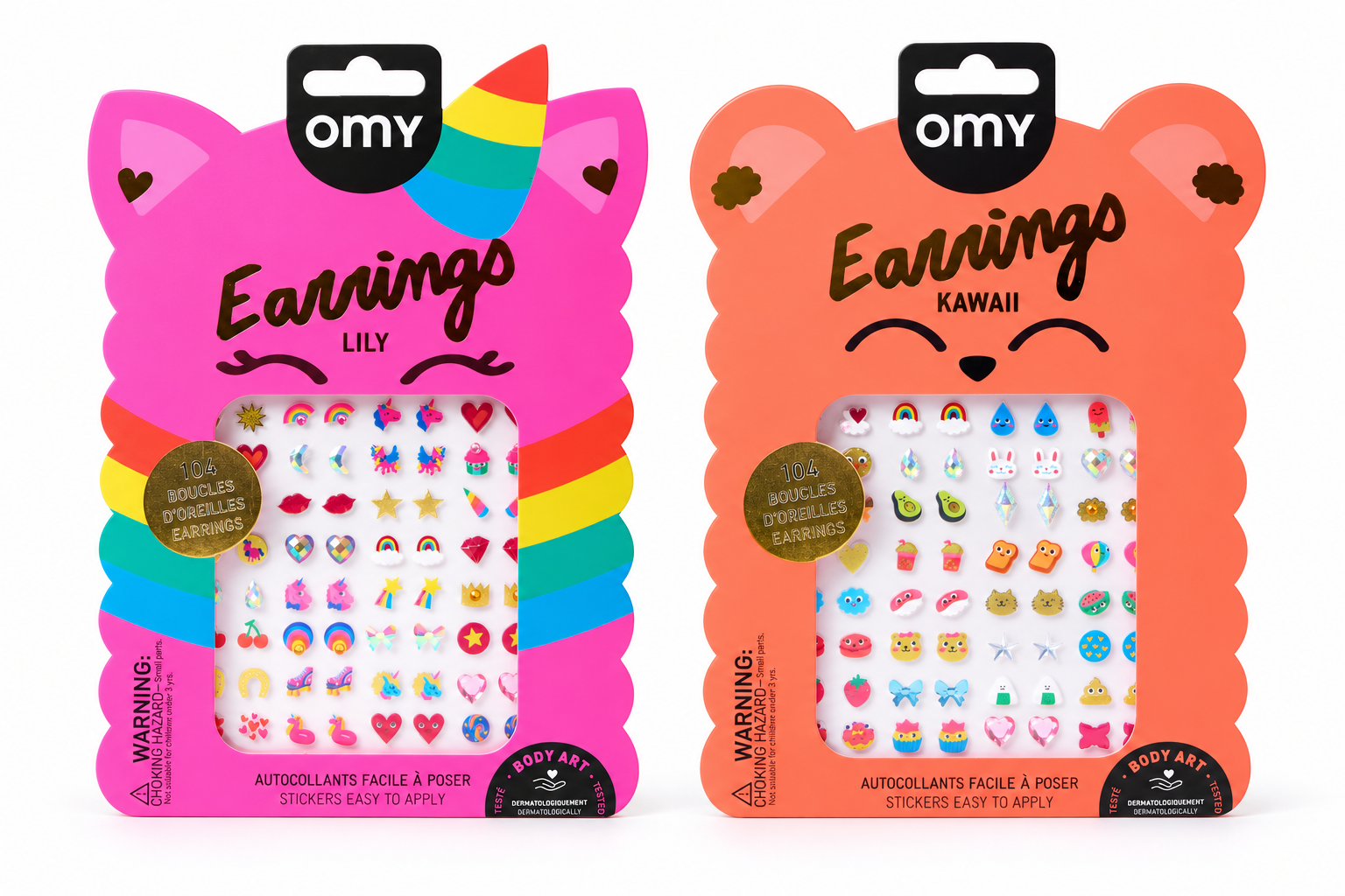 Coffret OMY Earrings Lily et Kawaii : 2 planches de 104 boucles d'oreilles autocollantes (licorne, arc-en-ciel, cœurs, animaux kawaii)