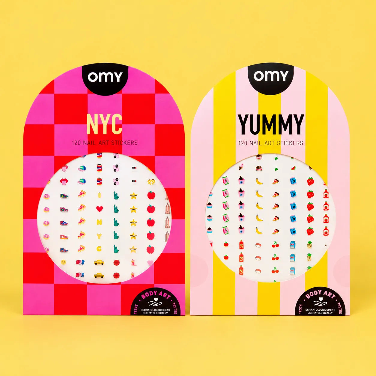 Coffrets nail stickers OMY NYC et Yummy, 120 autocollants pour ongles illustrés chacun, sur fond jaune