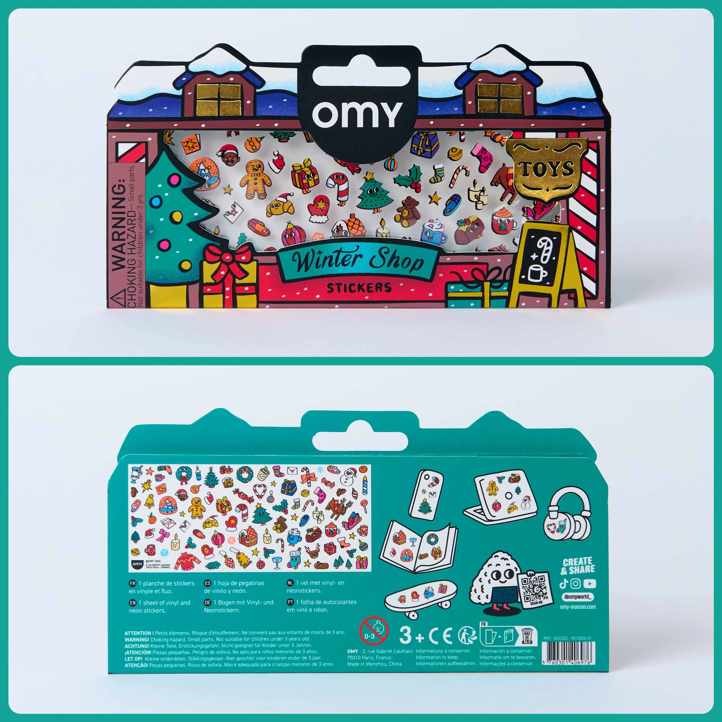 Recto et verso de la pochette de stickers Boutique de Noël OMY avec planche de motifs festifs.