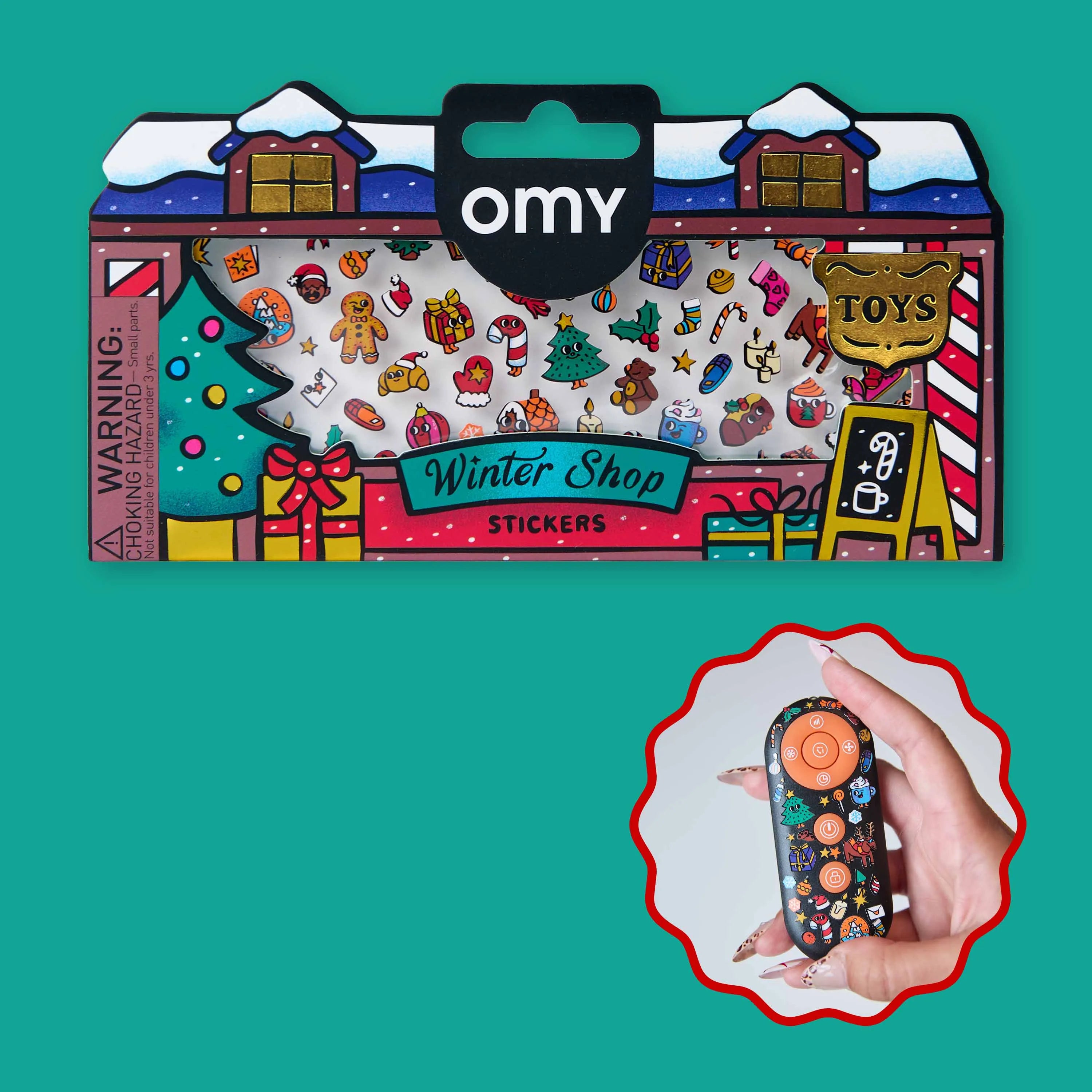 Stickers Boutique de Noël OMY présentés avec un exemple de personnalisation d’une télécommande avec des motifs de Noël.