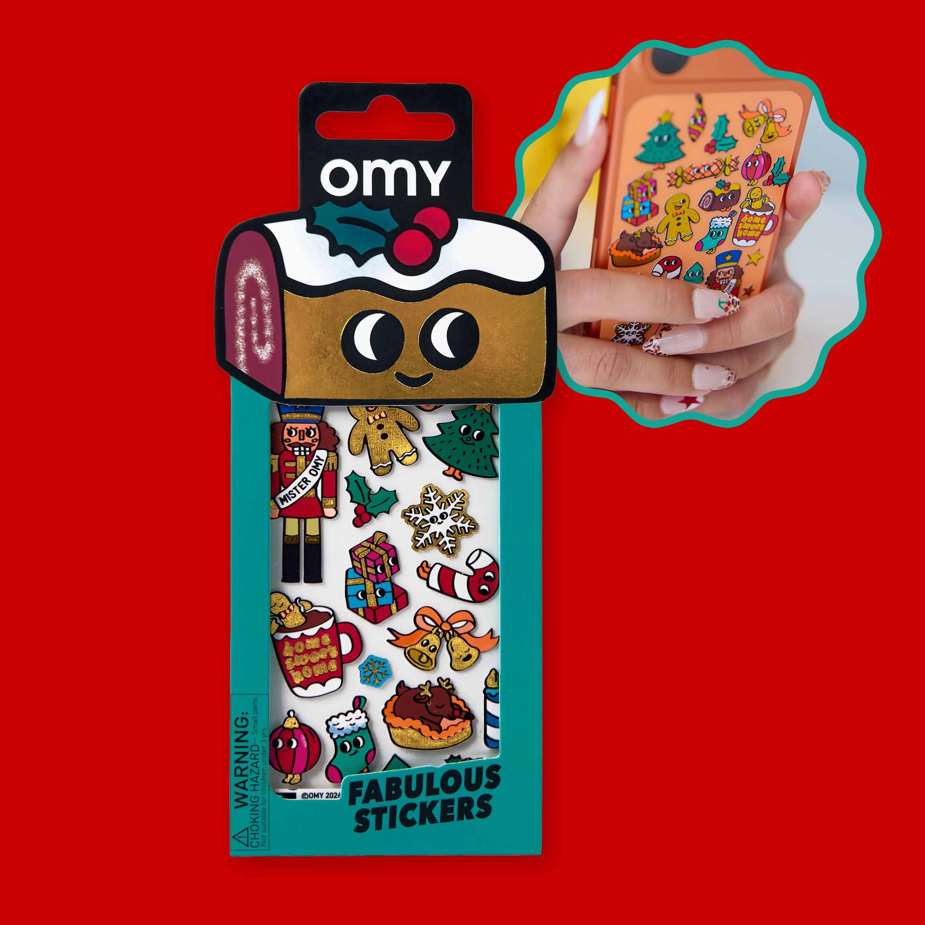 Fabulous Stickers Noël OMY avec exemple de personnalisation d’une coque de téléphone avec les stickers festifs.