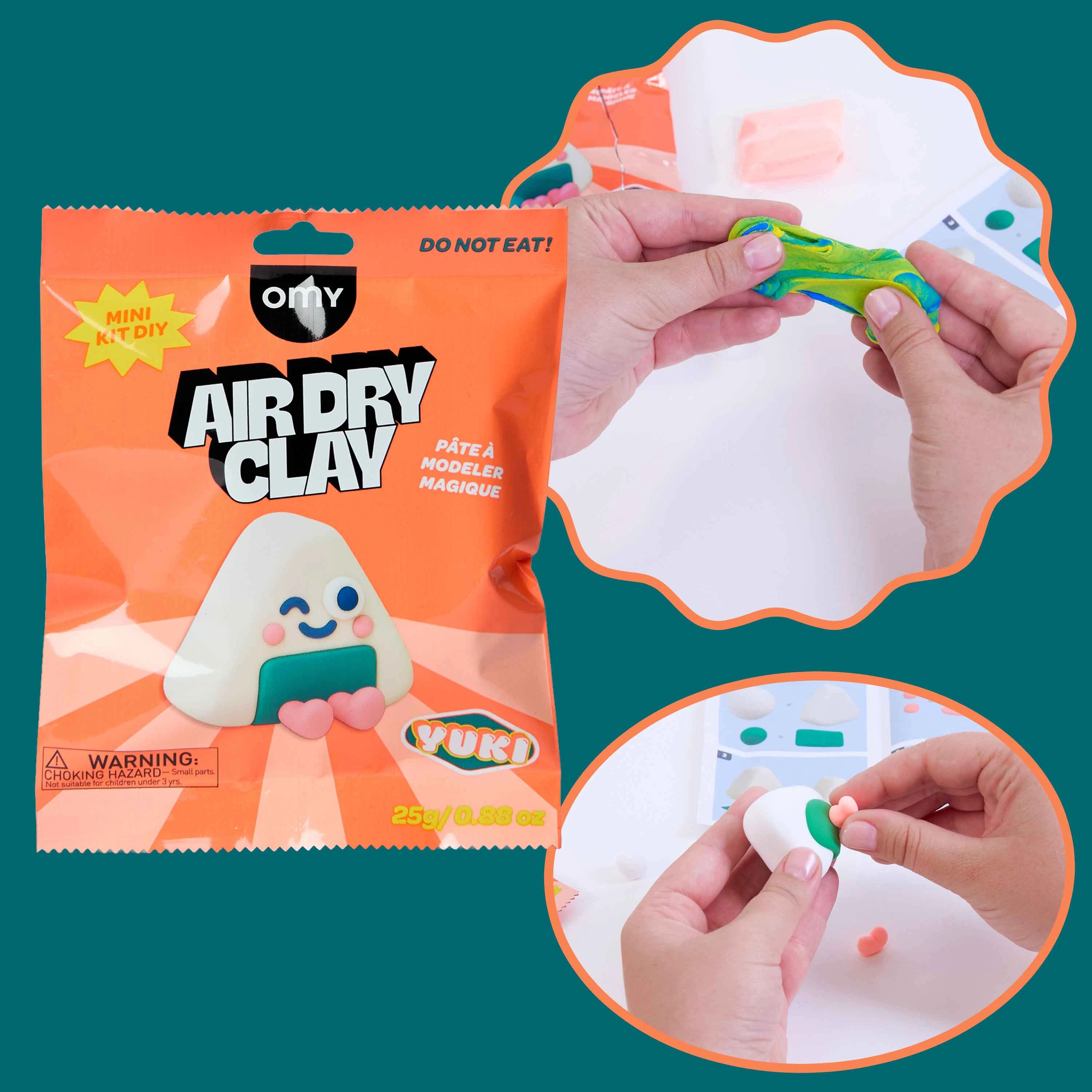 OMY Air Dry Clay Yuki Set mit Vorschau der Schritte zum Erstellen der Figur aus Modelliermasse
