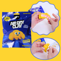 Kit OMY Air Dry Clay Léon con anteprima delle fasi di creazione del personaggio in pasta da modellare