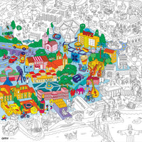 Poster gigante Lisbona da colorare finito e colorato, panoramica dei dettagli urbani.