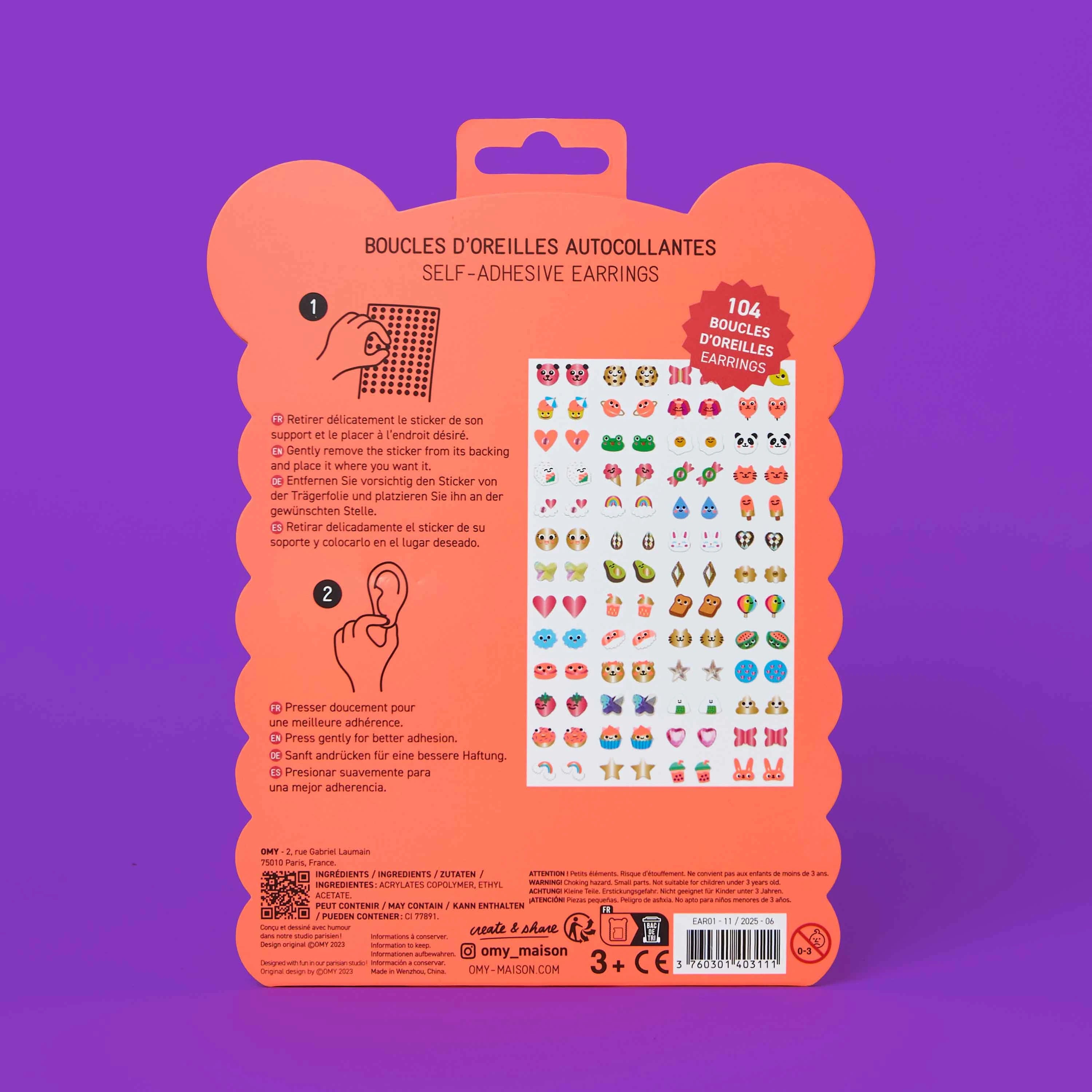 Coffret OMY Kawaii Earring bijoux autocollants enfant, packaging stickers oreilles fantaisie.