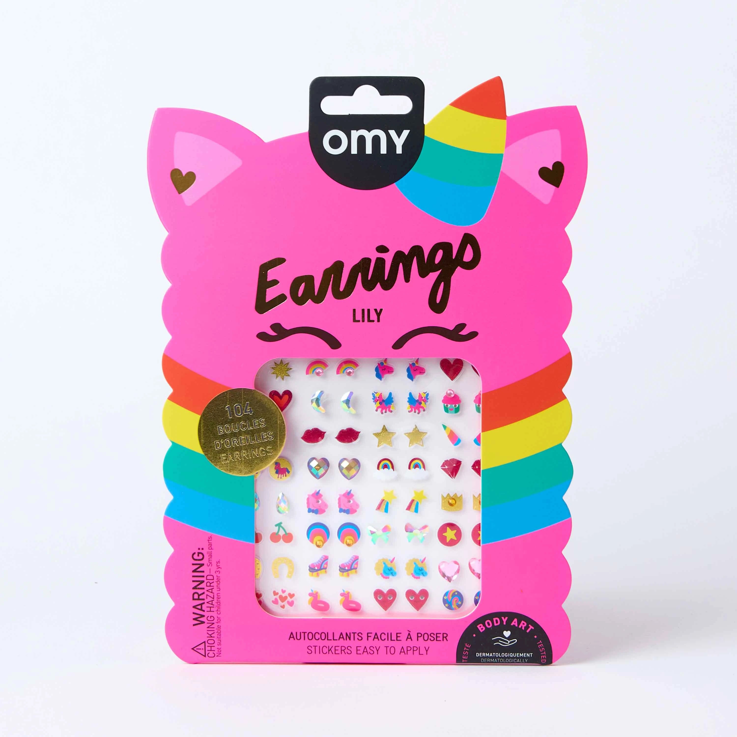 Coffret OMY Lily Earring bijoux autocollants enfant, packaging stickers oreilles fantaisie.