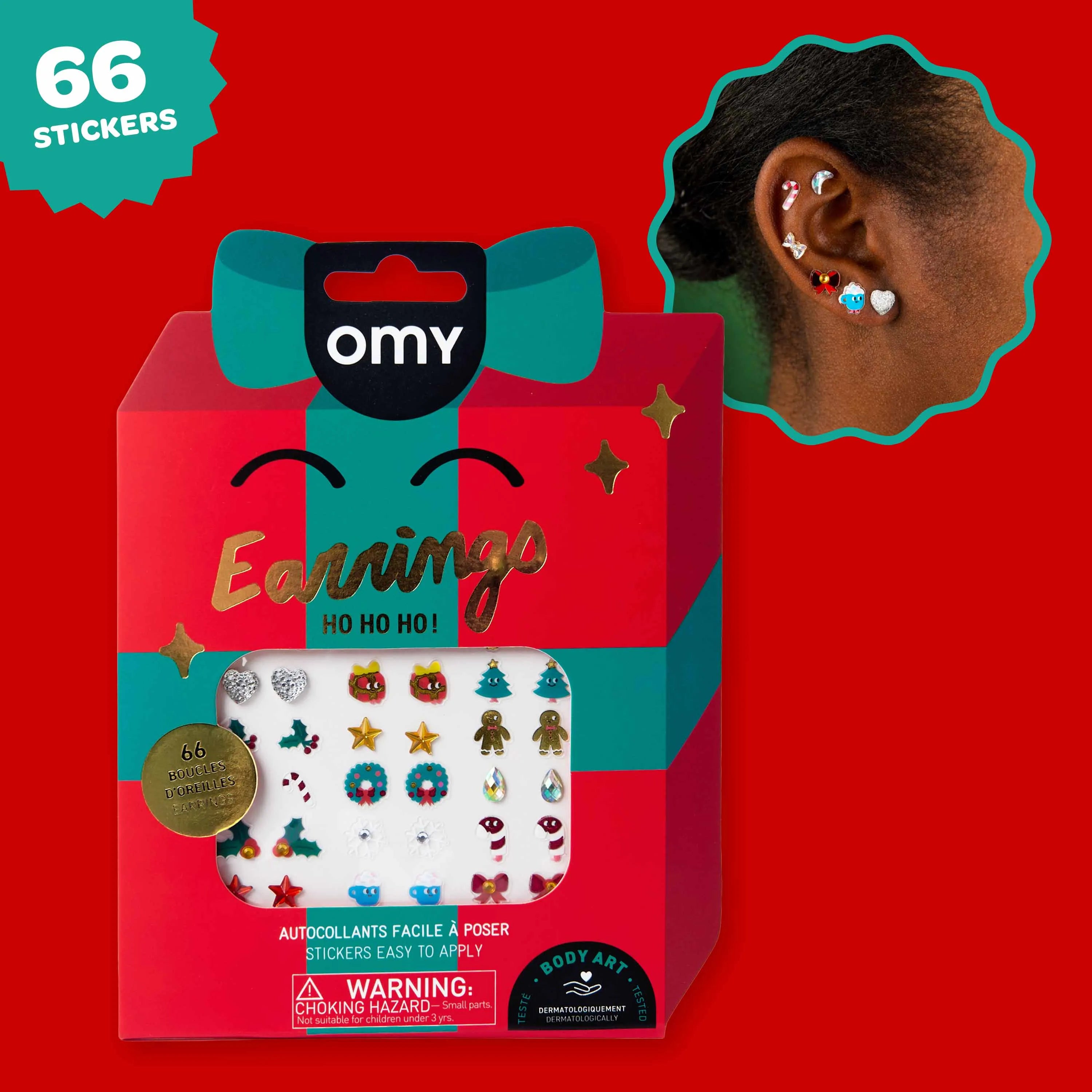 Weihnachtlicher Ohr-Sticker-Schmuck OMY mit 66 Stickern zum einfachen Aufkleben auf die Ohren.