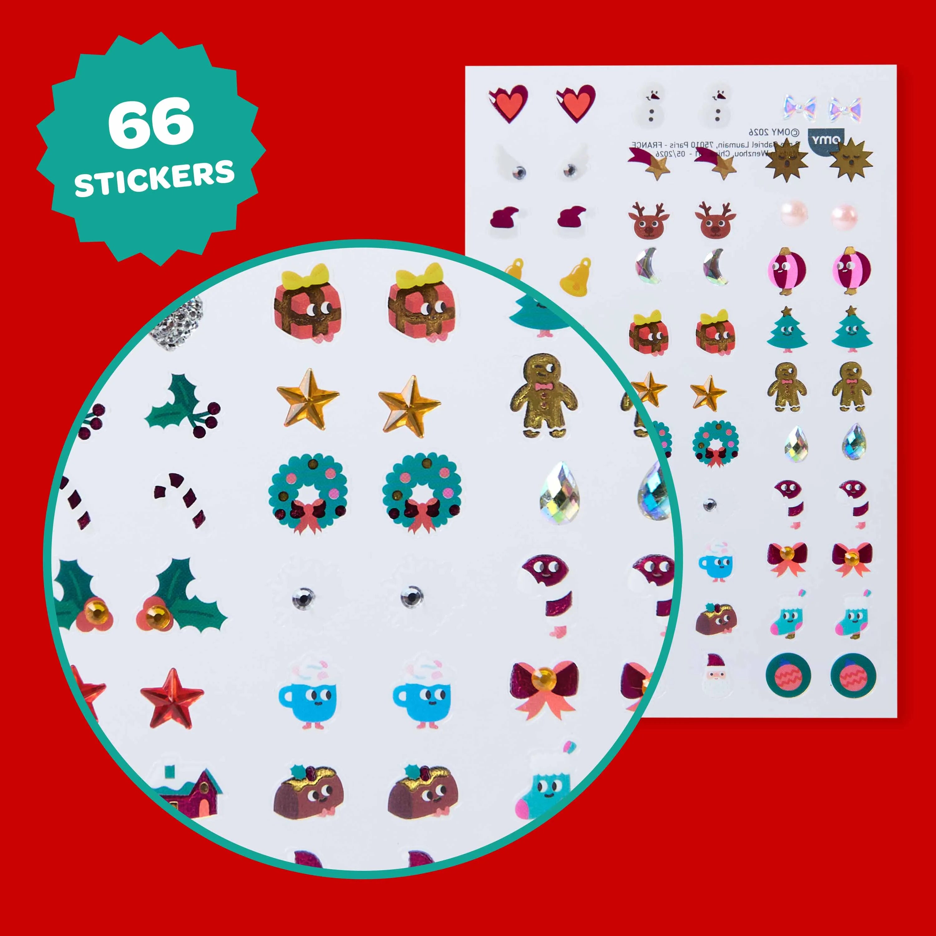 Bogen mit 66 OMY Sticker-Schmuckstücken mit Sternen, Geschenken, Tannenbäumen, Lebkuchenmännern und weiteren Weihnachtsmotiven.