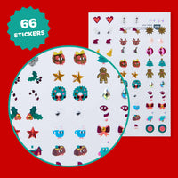 Bogen mit 66 OMY Sticker-Schmuckstücken mit Sternen, Geschenken, Tannenbäumen, Lebkuchenmännern und weiteren Weihnachtsmotiven.