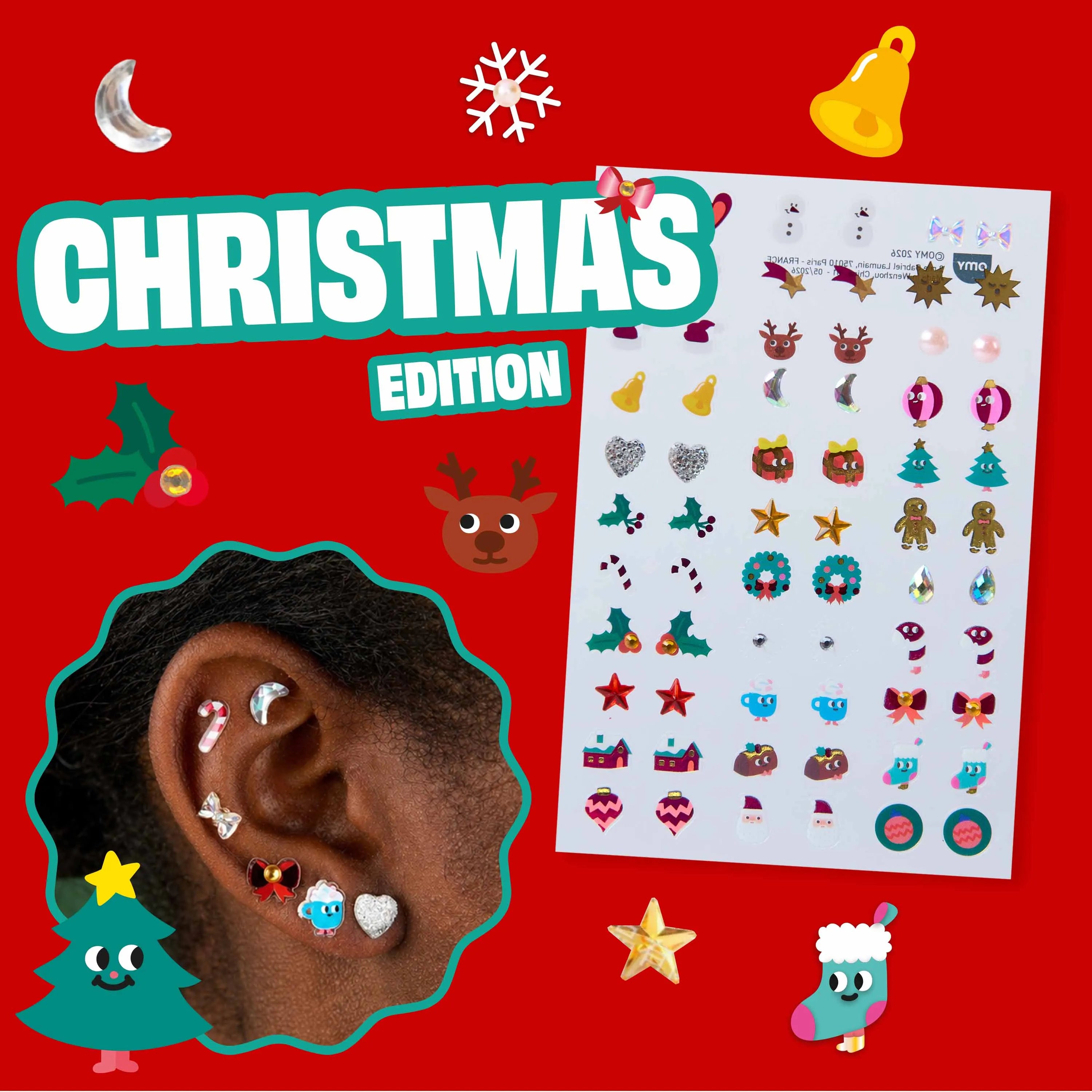 OMY Weihnachtsedition Sticker-Ohrschmuck mit 66 festlichen Stickern für einen originellen Festlook.