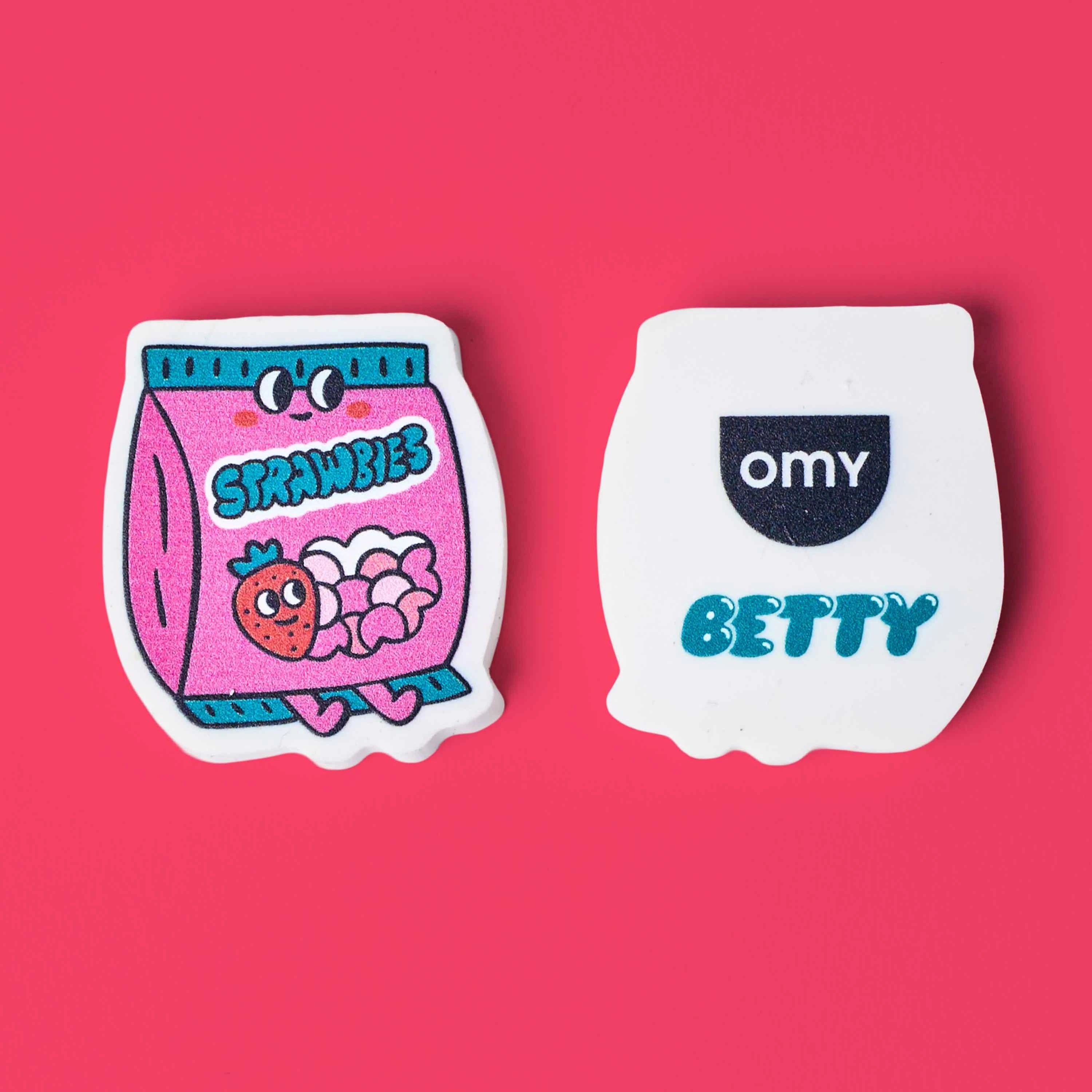 Gomme parfumée OMY Eraser Buddies Betty en forme de paquet fraise avec design recto verso