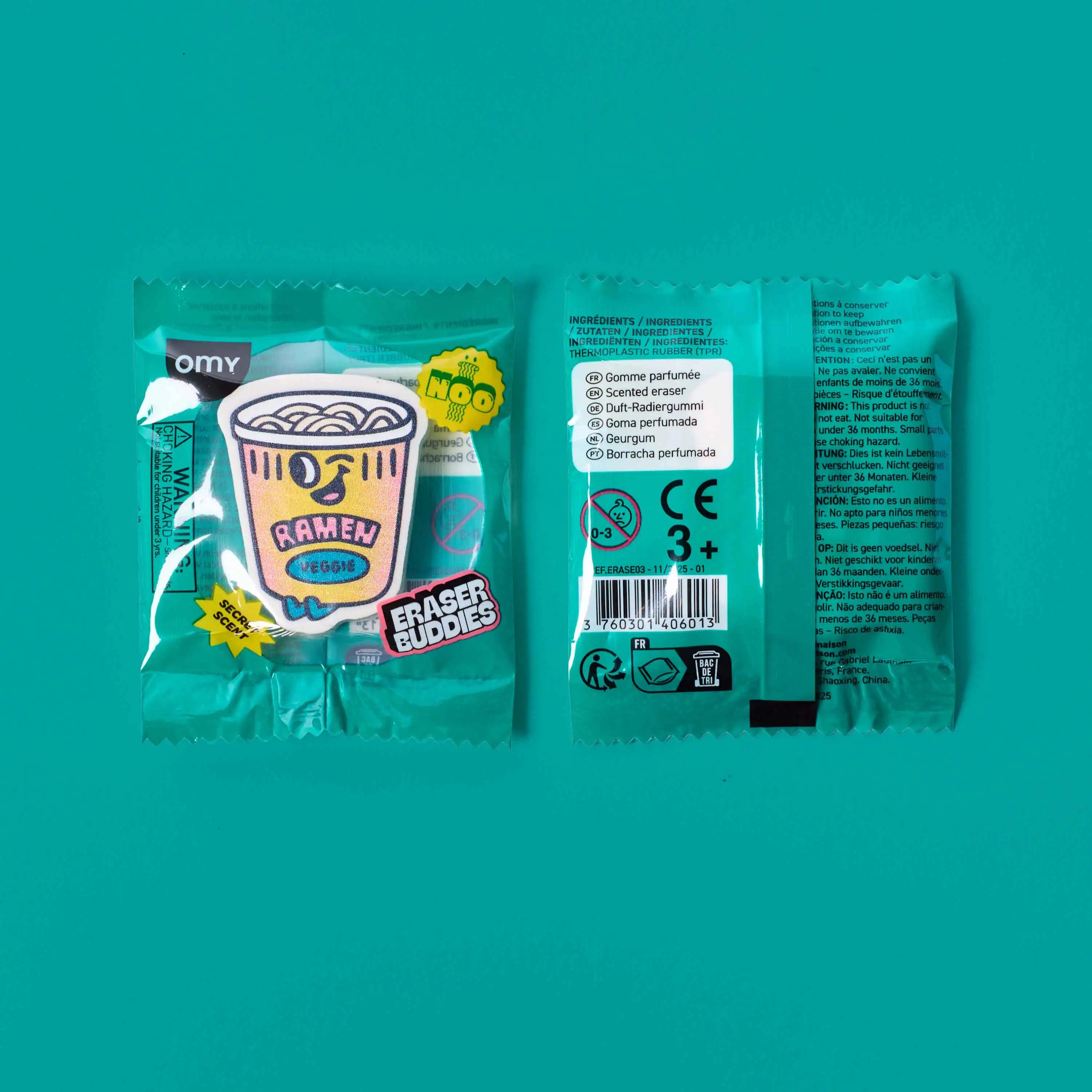 Packaging gomme OMY Eraser Buddies Noo avec sachet individuel parfum ramen