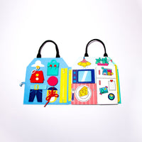 OMY Little My Day activity book open: buttons, zipper, laces and felt kitchen for fine motor skills.