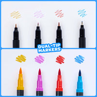 Detail of the two tips of OMY markers, a fine tip and a brush tip, with examples of colored strokes.