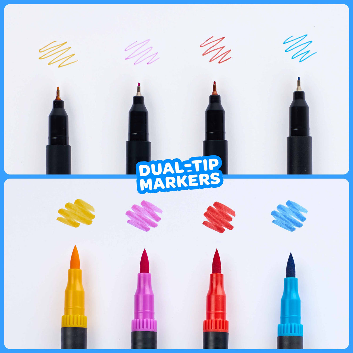Détail des deux pointes des feutres OMY, une mine fine et une mine pinceau, avec exemples de tracés colorés.