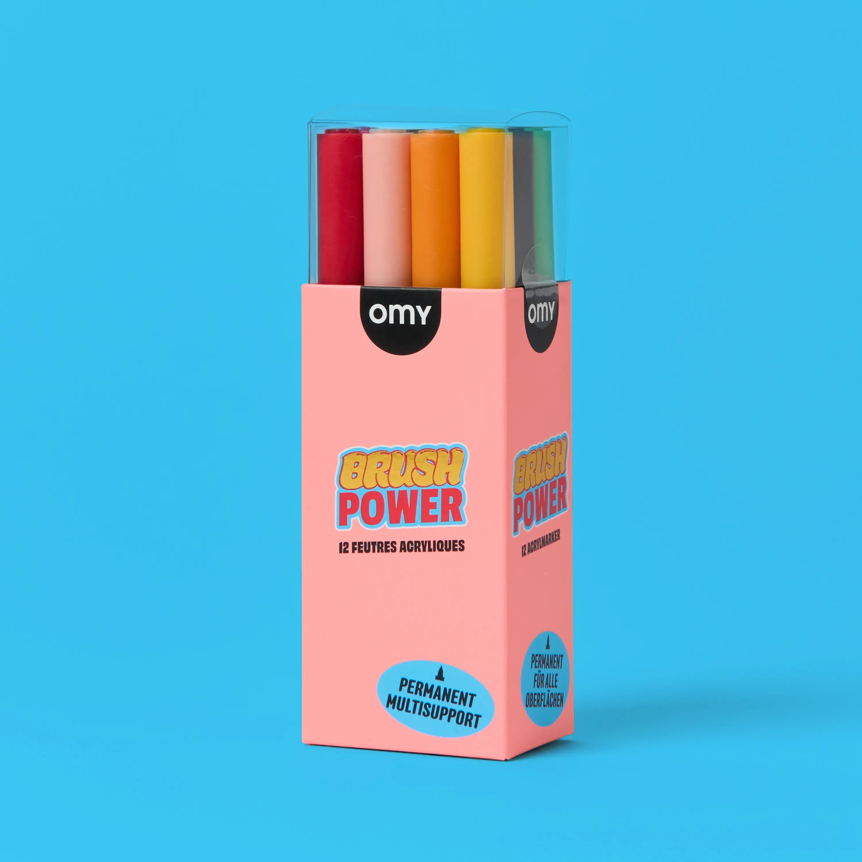 Feutres acryliques Brush Power OMY présentés dans leur emballage coloré.