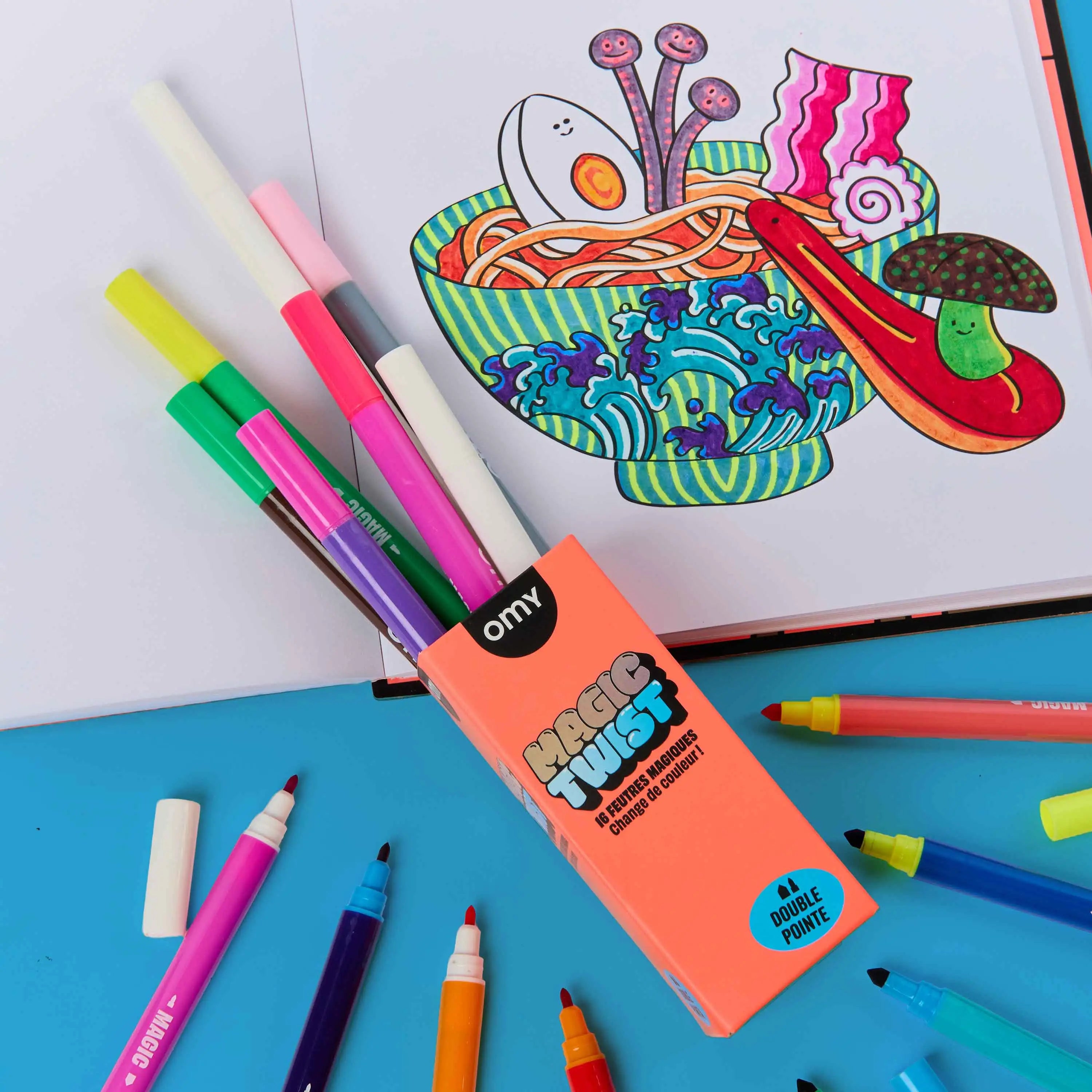 Feutres magiques OMY Magic Twist - boîte 16 couleurs double pointe avec coloriage créatif pour enfant