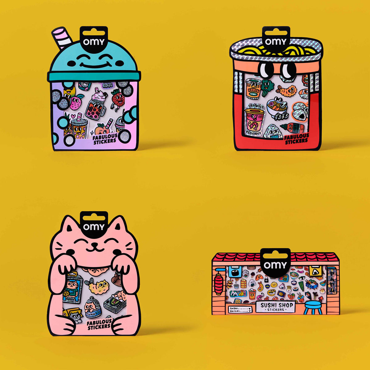 Quatro designs de embalagem coloridos dos produtos de autocolantes OMY sobre fundo amarelo