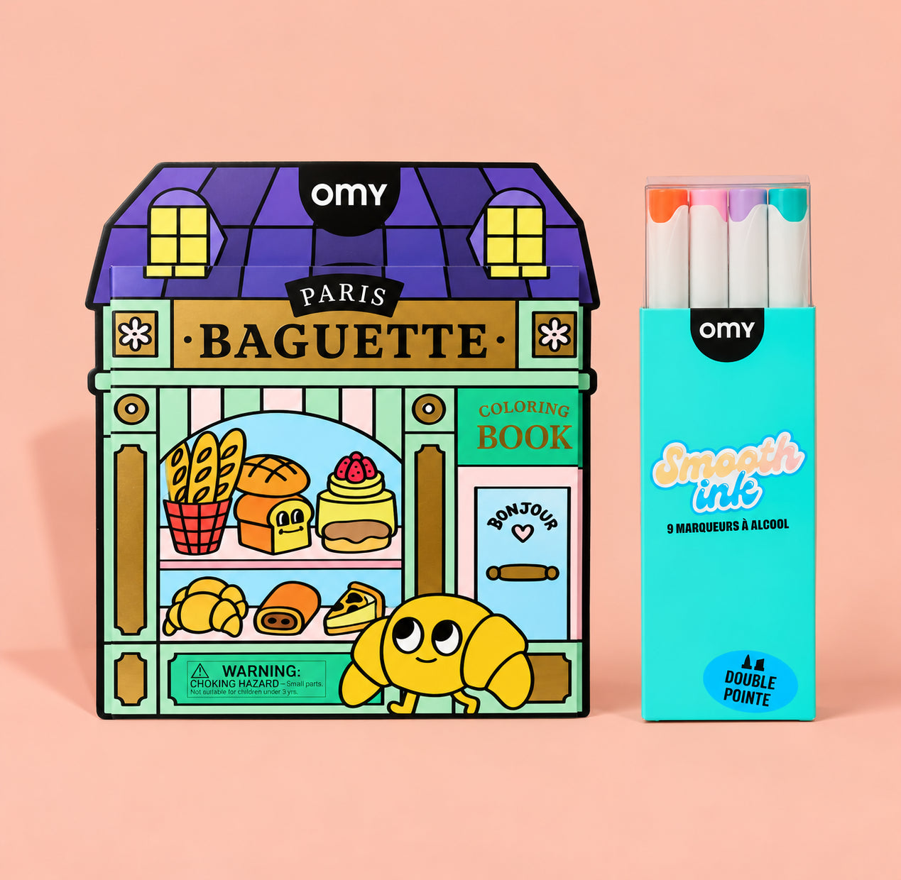 Livre de coloriage OMY Paris Baguette en forme de boulangerie et étui de 9 marqueurs à alcool Smooth Ink double pointe