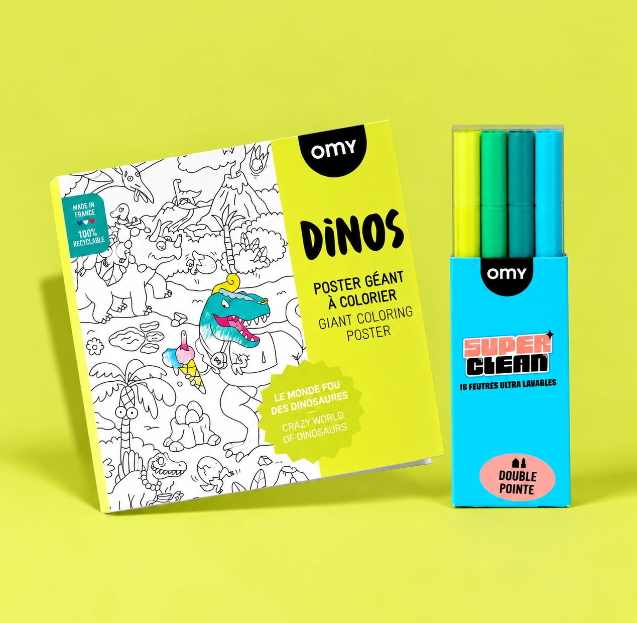 Poster géant à colorier Dinos OMY et étui de 16 feutres Super Clean ultra-lavables à double pointe sur fond jaune