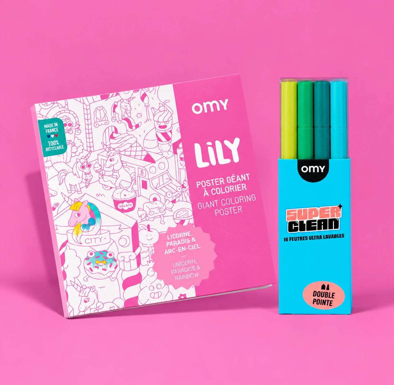 Poster géant à colorier OMY Lily licorne et arc-en-ciel avec feutres lavables Super Clean double pointe