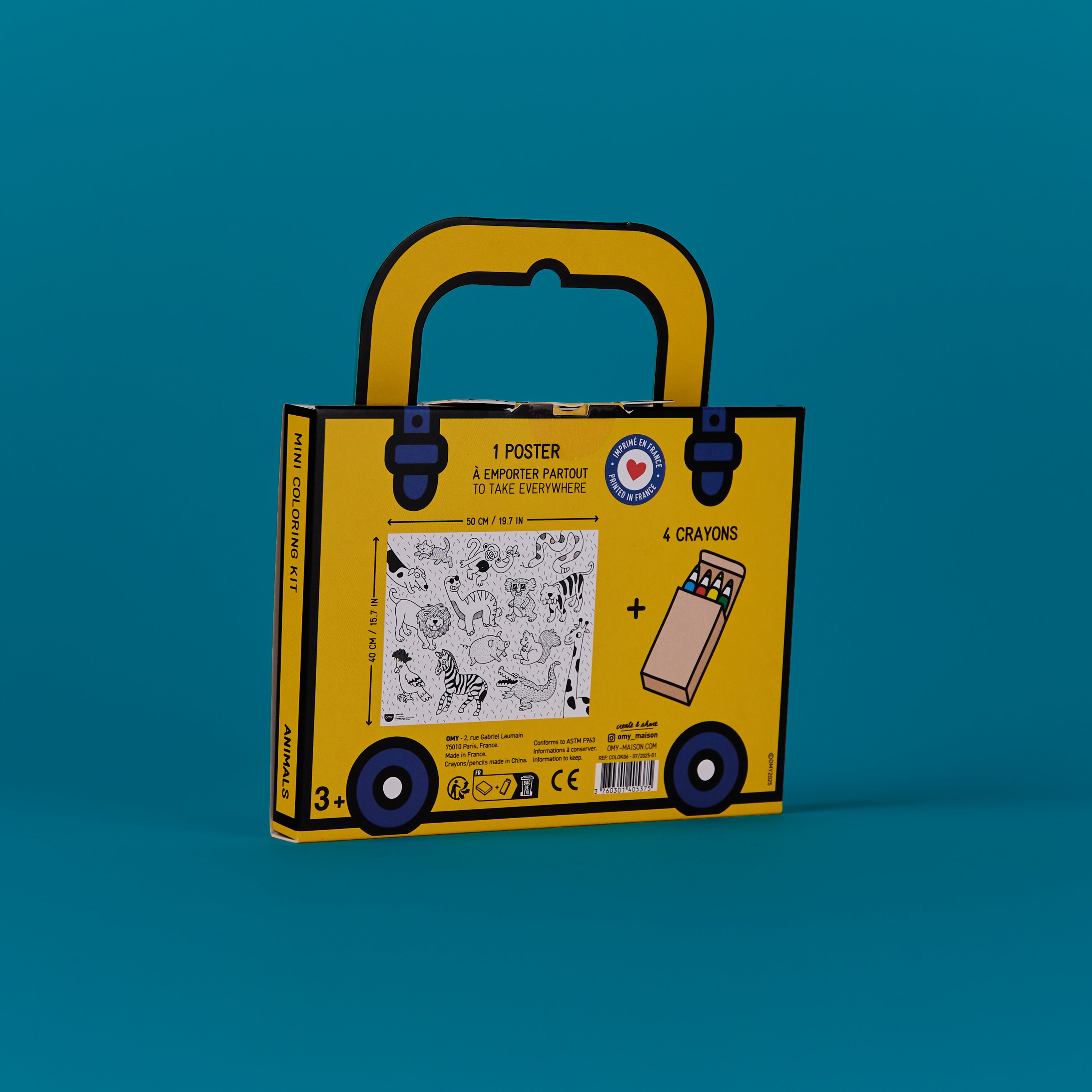 Verso du Mini Coloring Kit OMY Animals avec aperçu du poster animaux et crayons inclus