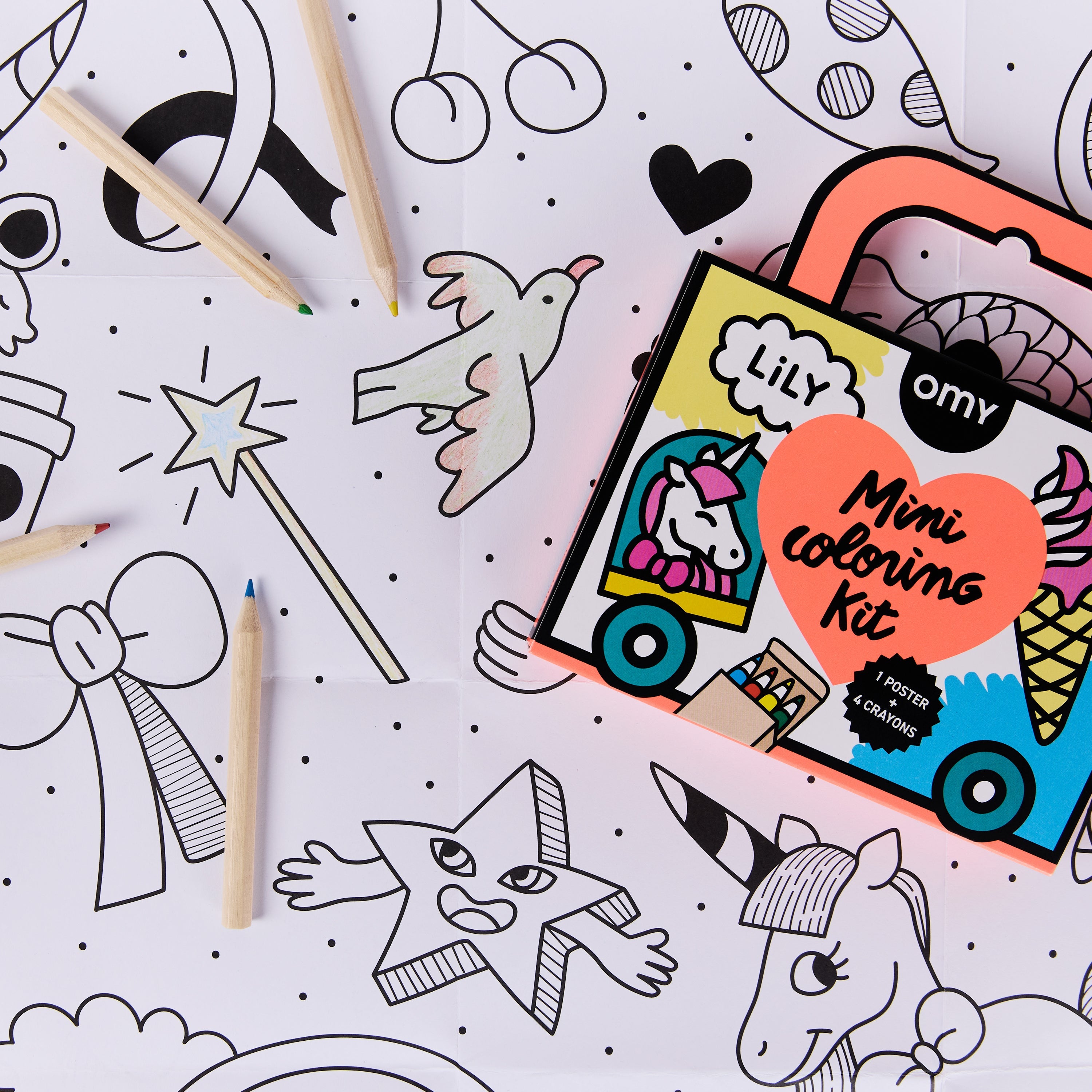 Close-up of the Mini Coloring Kit Lily poster by OMY, playful drawings of unicorns, stars, ice creams and crayons