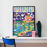 Poster Mythology OMY colorié et encadré sur un bureau blanc : dieux et héros mythologiques illustrés en couleurs