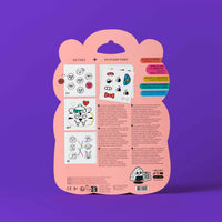 Pink packaging of Montessori sticker book OMY with illustrations on a purple background