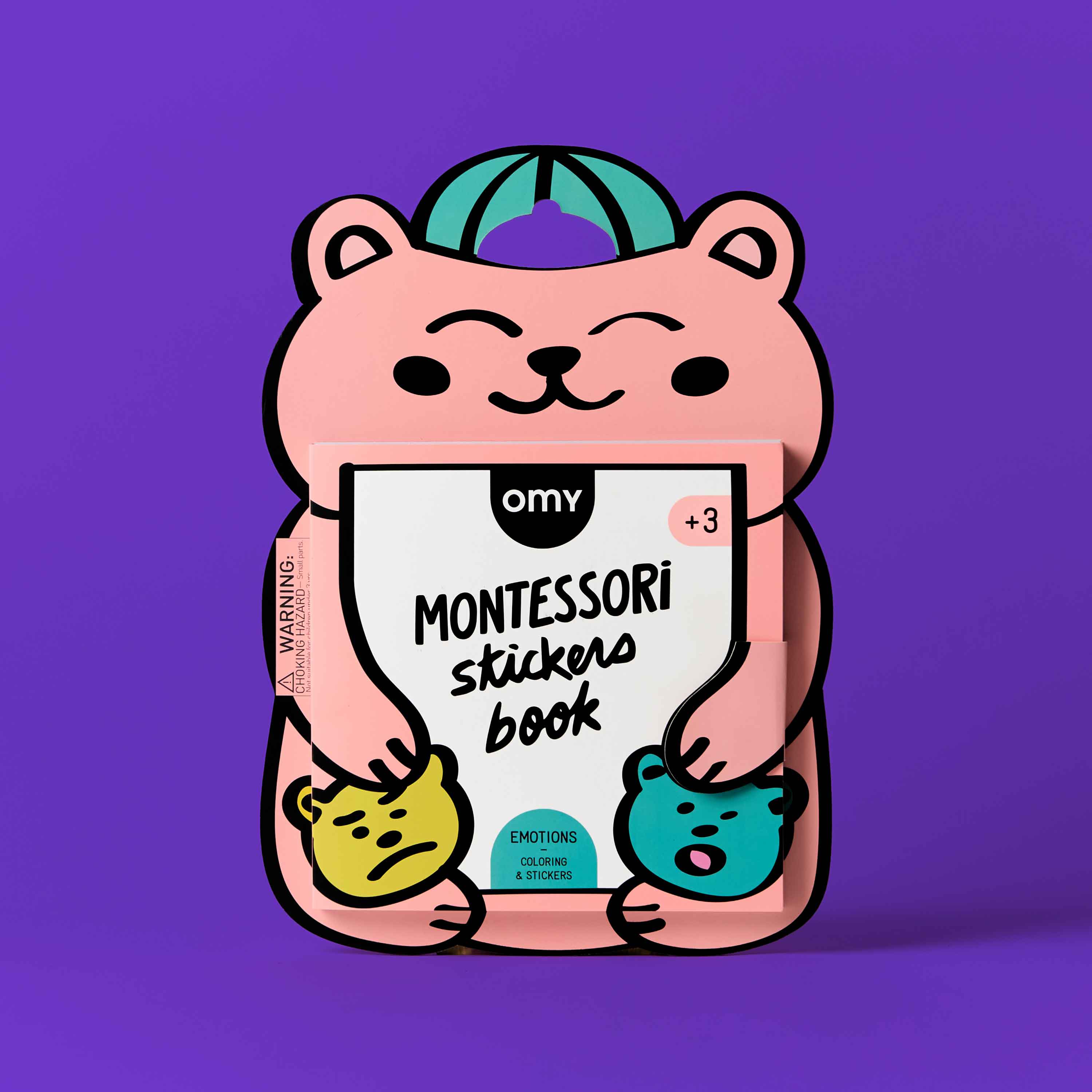 Front packaging of a Montessori stickers book OMY against a purple background