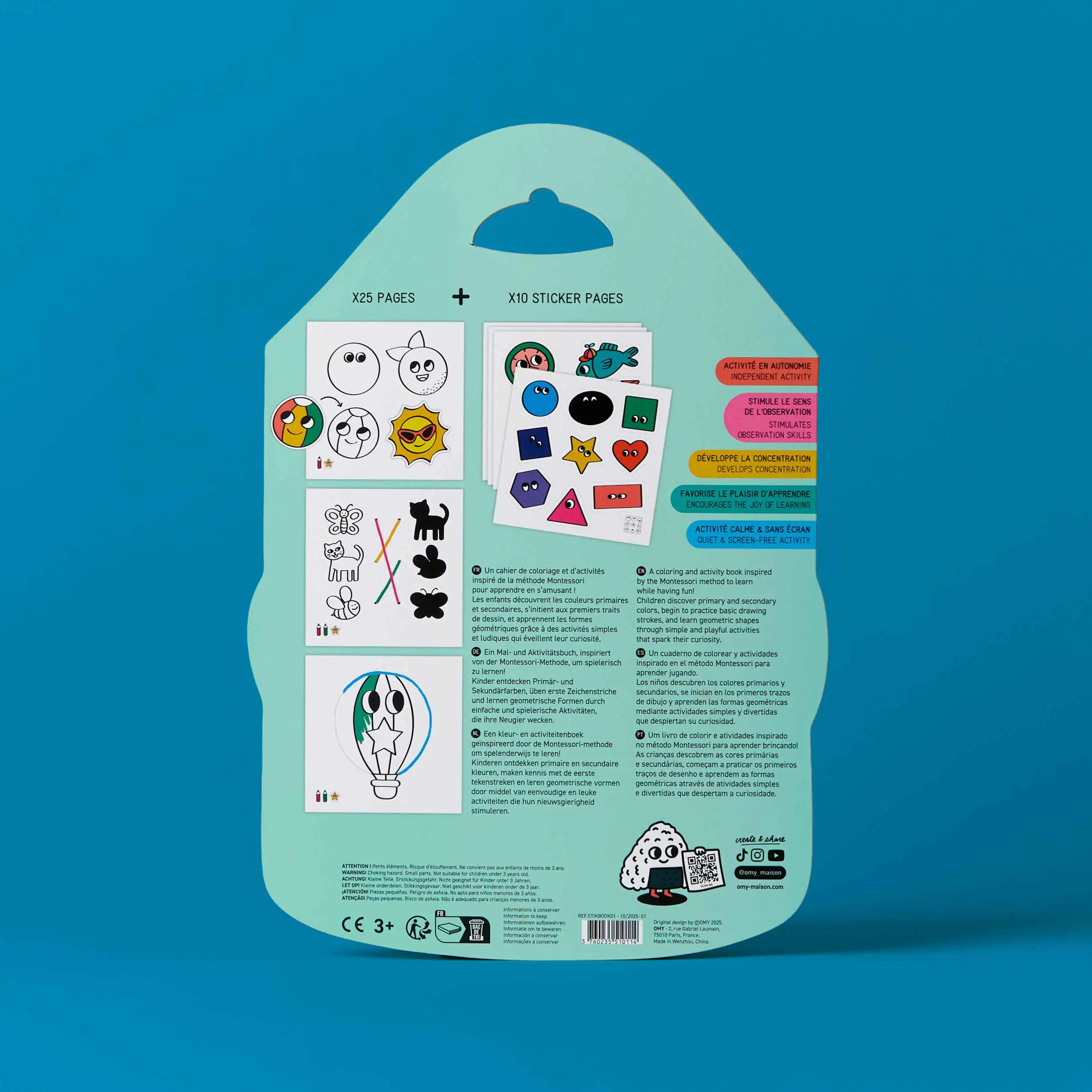 Montessori Stickers Book - Geometric Shapes OMY face arrière packaging montrant contenu coloriage et stickers éducatifs