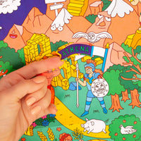 Main collant le sticker Athena sur le poster Mythology OMY en couleurs : déesse guerrière, chouette et temple grec