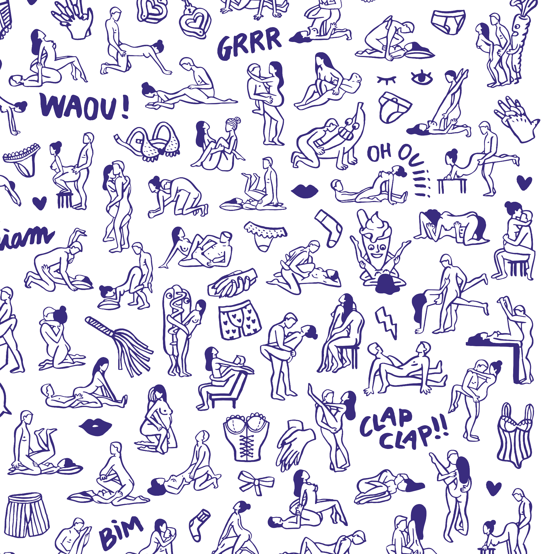 Detail des OMY Poster 69 Adult Only: freche marineblaue Illustrationen von Paaren, Dessous und Lautmalereien