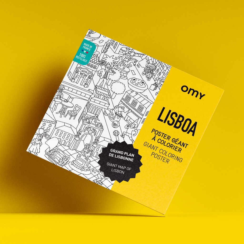Poster gigante da colorare OMY Lisbona, copertina su sfondo giallo vivo.