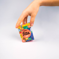 Hand hält die Schachtel des Mini Puzzle Magic von OMY, bebildert mit Schloss, Prinzessin und Drache, ab 4 Jahren, in Europa hergestellt