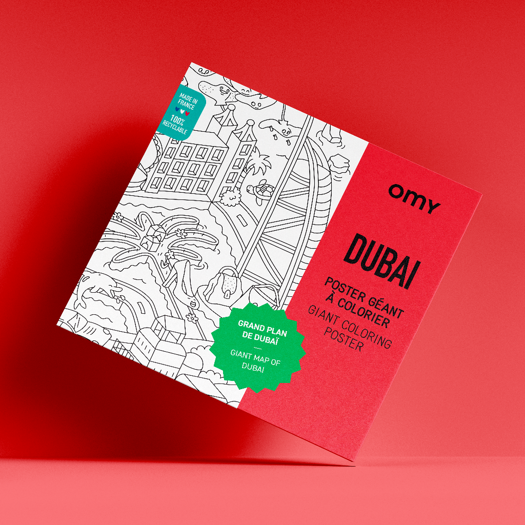 Poster géant à colorier Dubai OMY, packaging rouge vif et noir et blanc