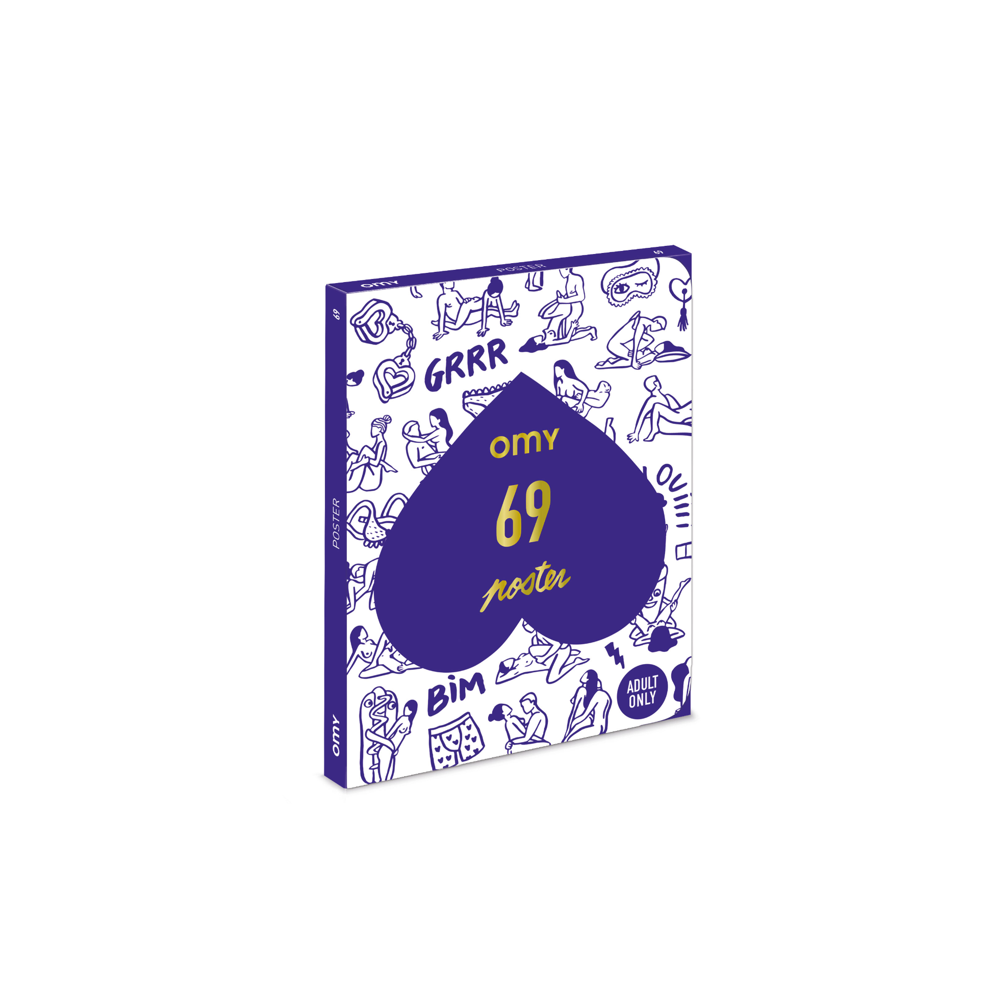 Poster 69 OMY Adult Only : pochette violette et blanche au cœur central, illustrations coquines à colorier, sur fond blanc