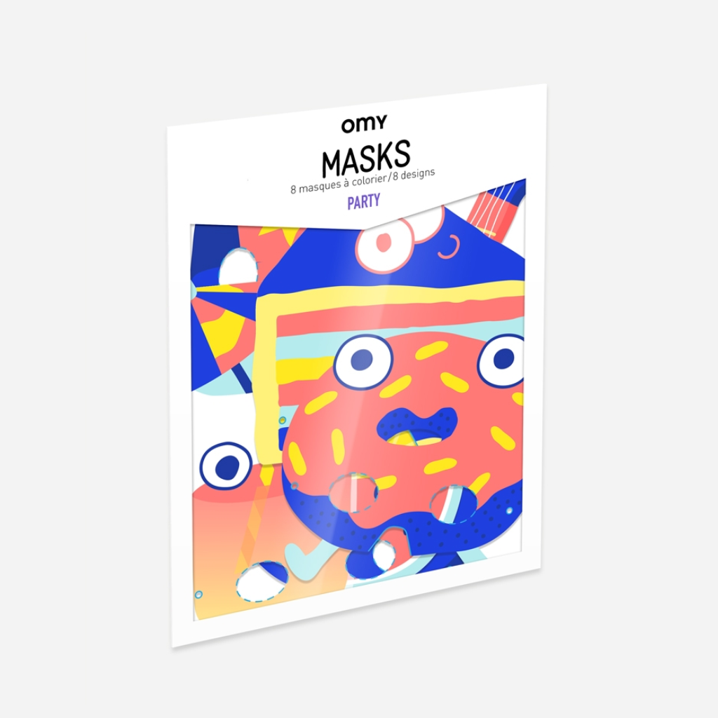 OMY Masks Party Beutel: 8 Masken zum Ausmalen mit festlichen Designs, Donut-Maske auf dem Cover, auf hellgrauem Hintergrund