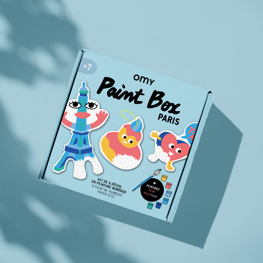 Boîte Paint Box Paris OMY dès 7 ans : kit de 6 décos en peinture numéros avec peintures fluo, sur fond bleu clair