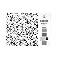 OMY Graphic.01 blok van 24 papieren placemats: 4 grafische zwart-witte patronen, waaronder terrazzo, op een witte achtergrond