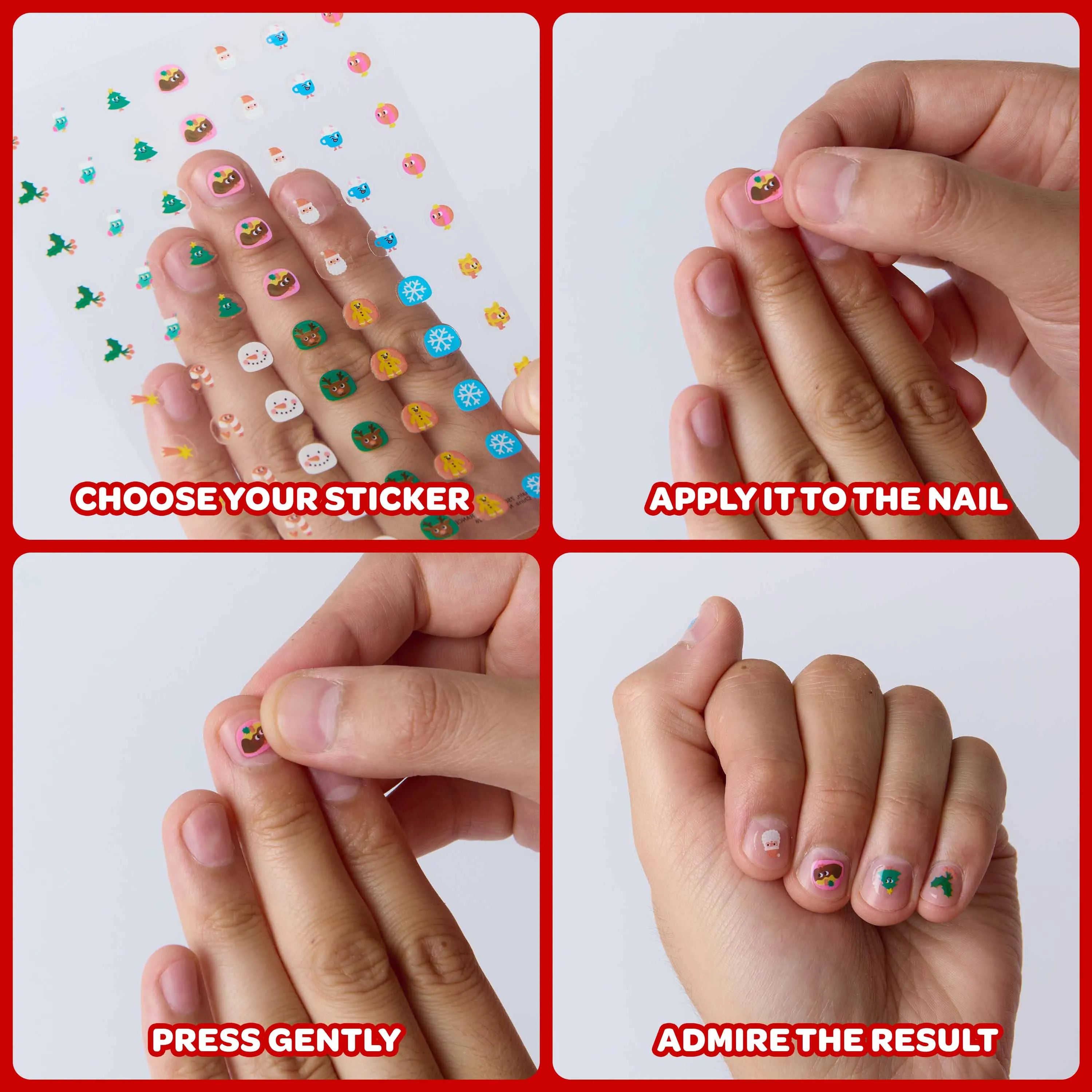 Tutorial en cuatro pasos que muestra cómo elegir, aplicar y fijar los stickers para uñas OMY.