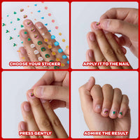 Tutorial en cuatro pasos que muestra cómo elegir, aplicar y fijar los stickers para uñas OMY.