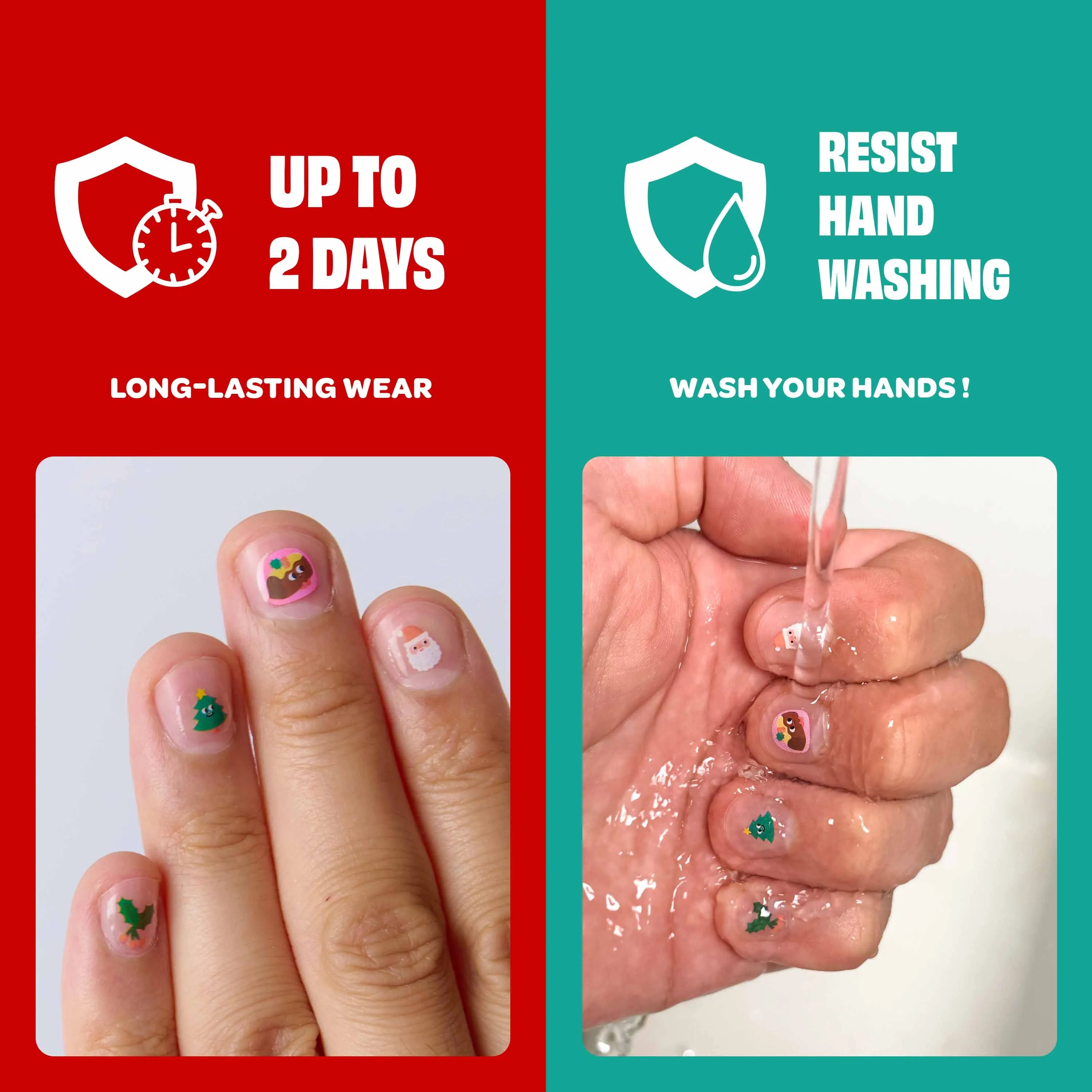 Stickers para uñas OMY puestos en las uñas y mostrados bajo el agua para ilustrar su resistencia al lavado de manos.