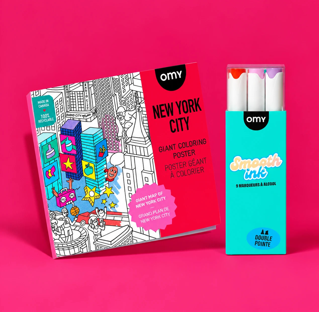 Poster géant à colorier OMY New York City avec étui de 9 marqueurs à alcool Smooth Ink double pointe sur fond rose