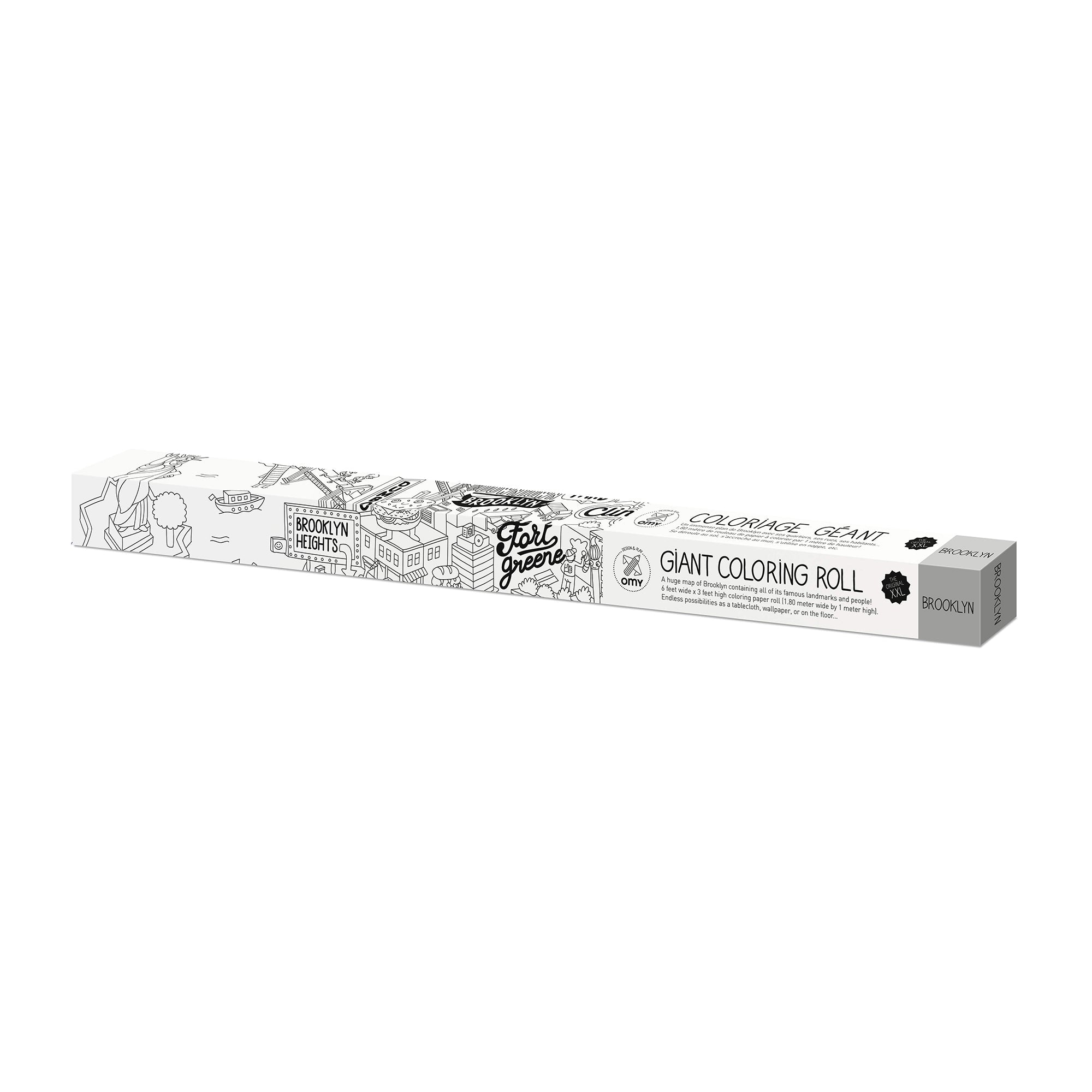 Rouleau de coloriage géant XXL Brooklyn OMY dans son étui illustré des quartiers de Brooklyn, sur fond blanc
