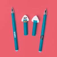 Pen Buddies Yuki OMY pen duo in teal blue with kawaii onigiri caps, front and back, on a pink background.