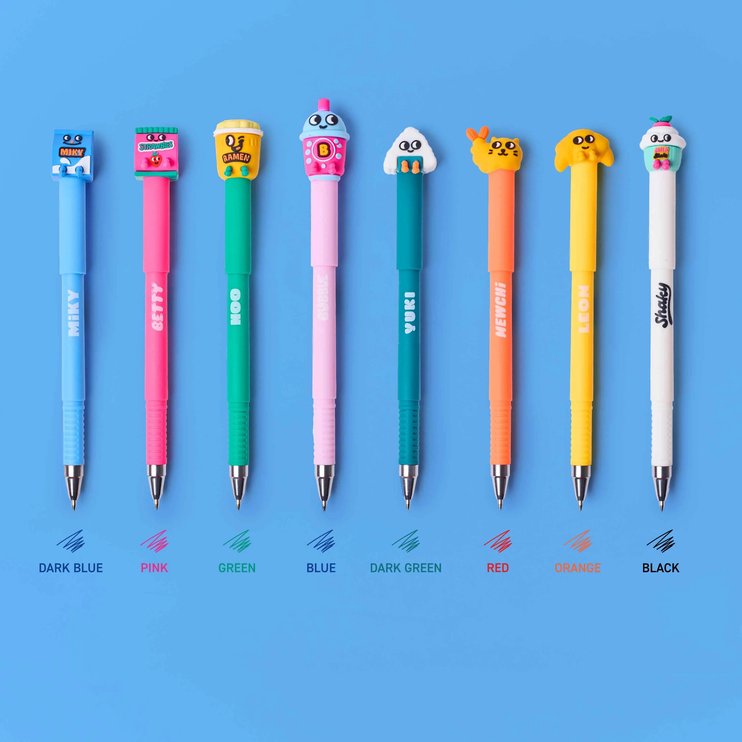 Collection of eight colorful OMY Pen Buddies pens, decorated with the characters Miky, Strawbies, Noo, Bubble, Yuki, Mewchi, Leon and Sticky, shown on a blue background with their different ink colors.
